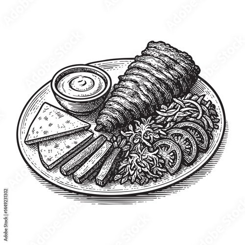 Lebanese shawarma platter woodcut engraving vector illustration