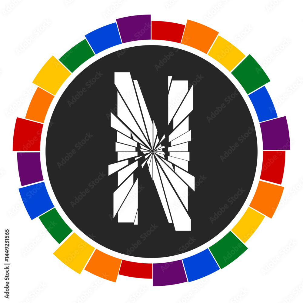 Obraz premium Modern capital white Letter N Design with Multicolor Geometric Ring, Enclosed in a Black Frame