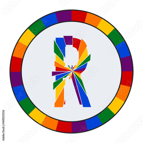 Colorful Abstract capital Letter R on White Background with Rainbow Fragment Circle Design, Enclosed in a Black Frame