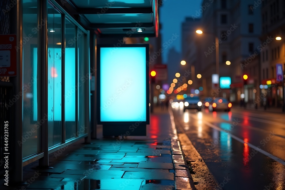 Glowing White Advertising Display Is Lit Up In The Bus Shelter On A Wet City Night, Promoting Urban Advertising Campaign Mockup Space Glowing White Advertising Display Is Lit Up In The Bus Shelter On A Wet City Night, Promoting Urban Advertising Campaign Mockup Space