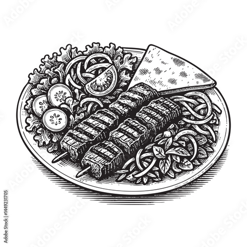 Turkish kebab platter with salad woodcut engraving vector illustration