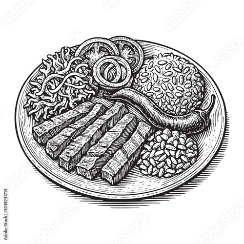 Turkish kebab platter with salad woodcut engraving vector illustration