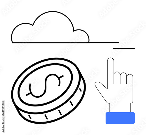 Cloud element, coin with dollar sign, and pointing hand gesture. Ideal for technology, payment, SaaS, cloud storage, e-commerce digital access fintech visuals. Great for a simple landing page