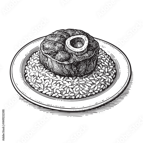 Italian ossobuco with risotto woodcut engraving vector illustration