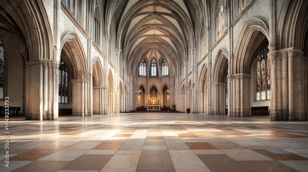 Obraz premium Wide Angle View of Cathedral Interior with Elegant Architectural Features