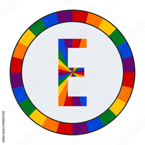 Rainbow Splinter Capital Letter E Logo on White Background with Dynamic Circle of Colors, Enclosed in a Black Frame