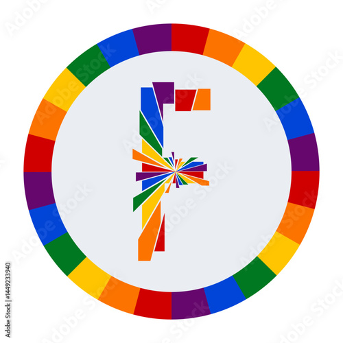 Colorful Abstract capital Letter F on White Background with Rainbow Fragment Circle Design