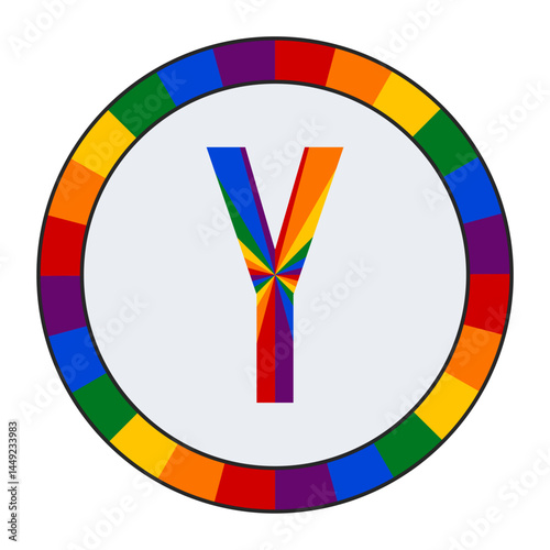 Rainbow Splinter Capital Letter Y Logo on White Background with Dynamic Circle of Colors, Enclosed in a Black Frame