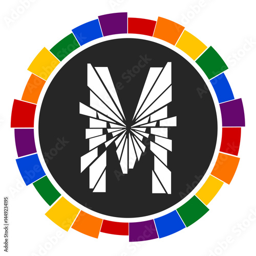 Modern capital white Letter M Design with Multicolor Geometric Ring, Enclosed in a Black Frame