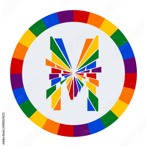 Colorful Abstract capital Letter M on White Background with Rainbow Fragment Circle Design