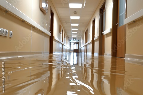 Flooded hallway with standing water reflecting overhead lights.