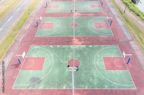 Aerial View of Three Outdoor Basketball Courts photo