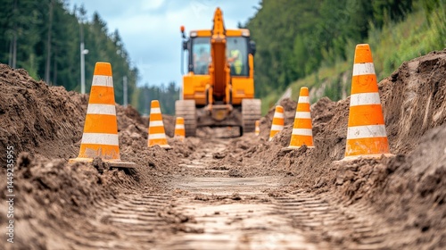 Excavator working on a dirt road construction site, surrounded by orange safety cones in a forested area.
