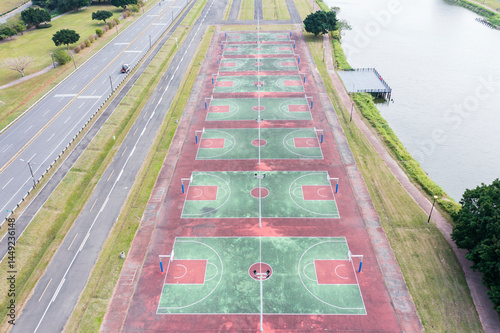 Aerial View of Waterfront Public Basketball Court Complex