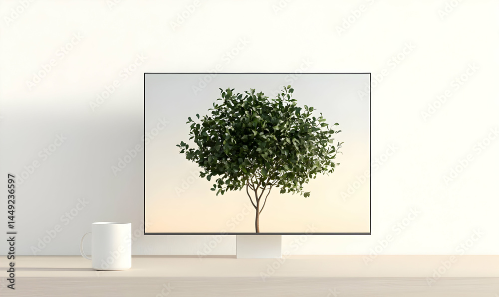 Obraz premium Modern Monitor with Tree Display on Minimalist Desk Setting
