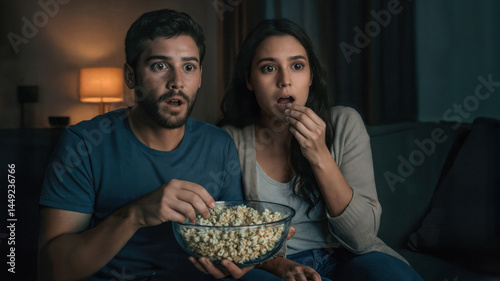 A young couple watches a movie at night, sharing a bowl of popcorn. Their expressions mirror the film's suspenseful plot twist.