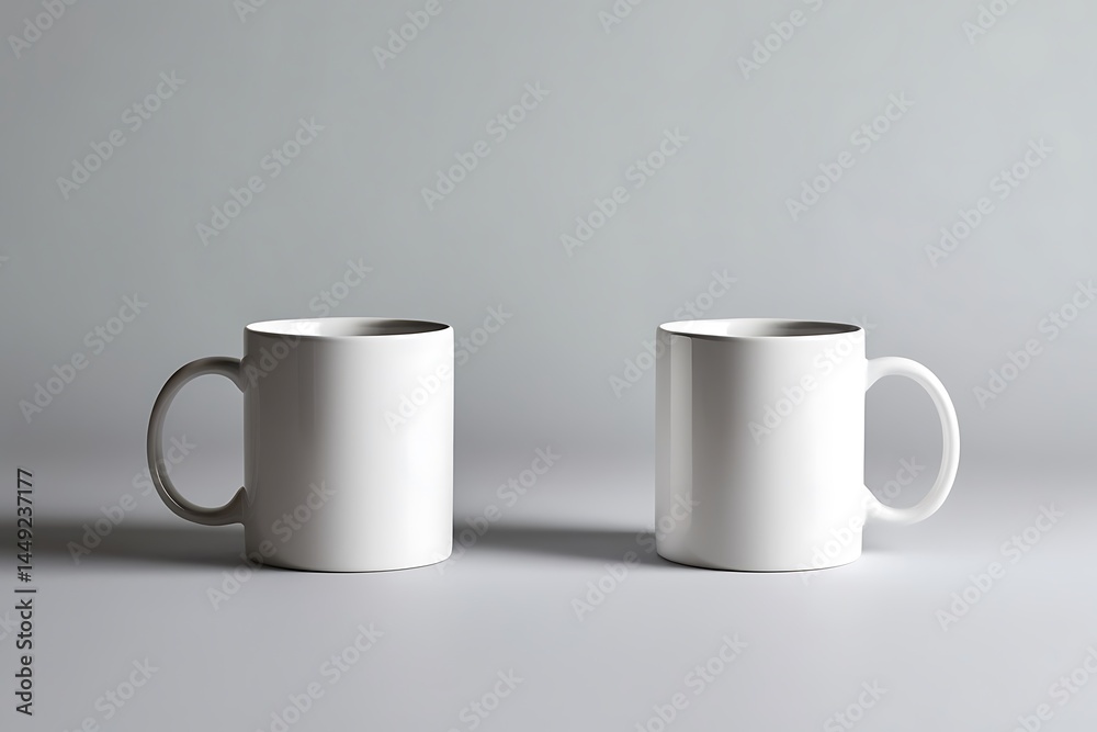 Two Plain White Ceramic Coffee Mugs Mockup, Neutral Background, Studio Product Presentation, Simplicity And Branding Two Plain White Ceramic Coffee Mugs Mockup, Neutral Background, Studio Product Presentation, Simplicity And Branding