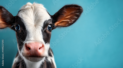 Close-up of a curious calf with large blue eyes against a vibrant turquoise background