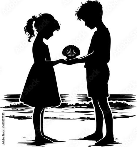 A boy and girl take a seashell in hands on sea beach in black and white silhouette 