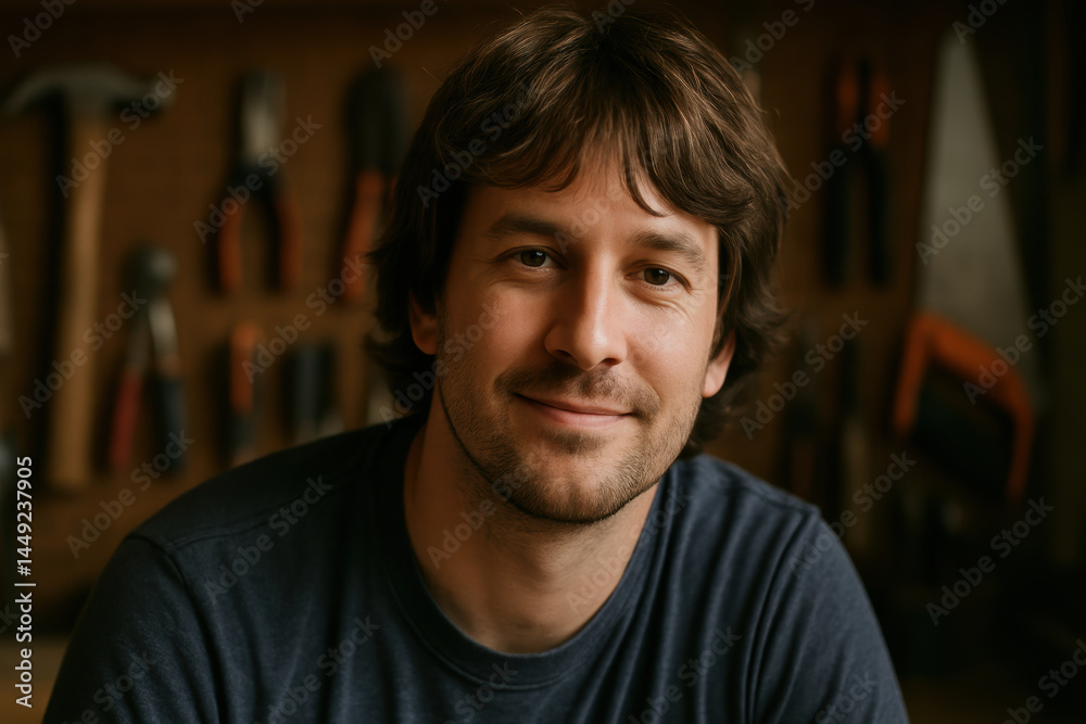 Smiling craftsman in workshop surrounded by tools and equipment Smiling craftsman in workshop surrounded by tools and equipment