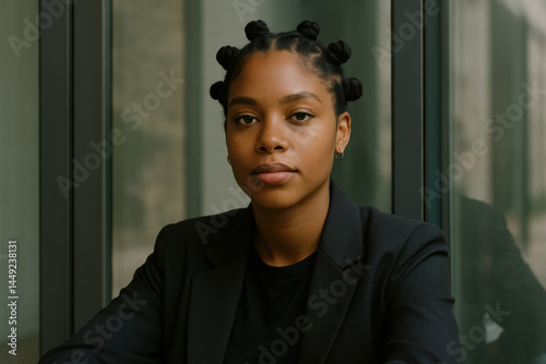 Confident young woman in black blazer with braided hairstyle sitting by office window