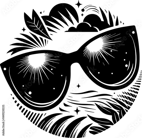 Sunglasses on sun illustration in black and white silhouette assets 