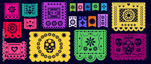 Big set mexican papel picado paper for mexican holiday  Cinco de Mayo  Vector flat  illustration