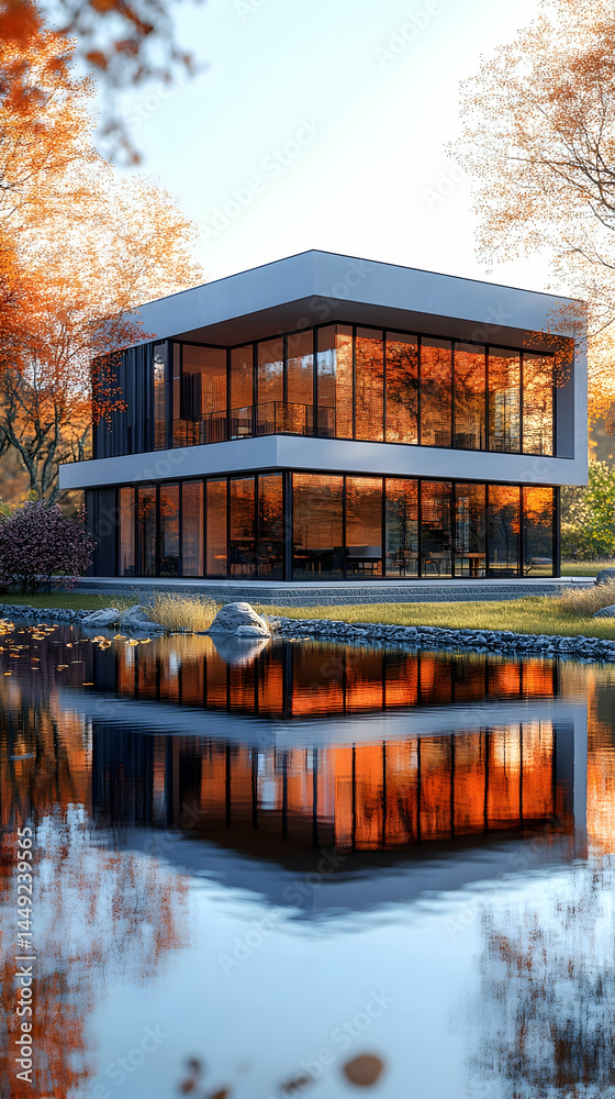 Fototapeta premium Modern glass house reflected in tranquil autumn lake Large windows showcase interior autumn foliage