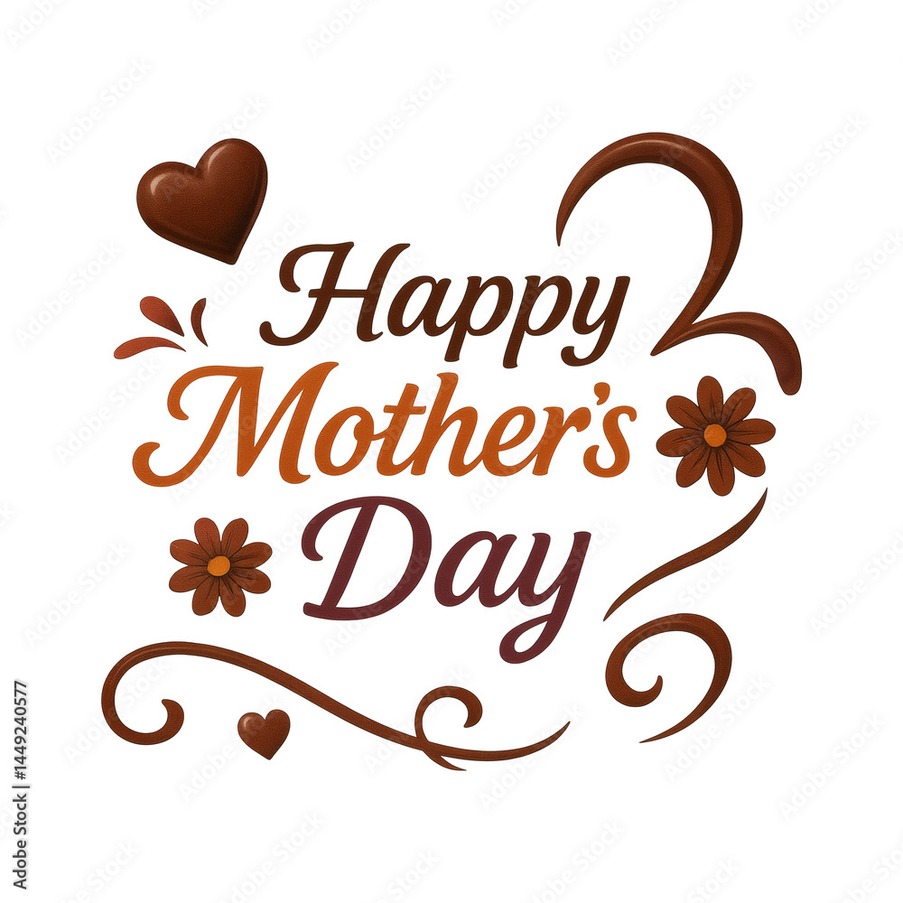 Fototapeta premium Elegant Happy Mother’s Day Chocolate-Themed Typography Design with Floral Accents, Heart Icons, and Swirling Decorative Elements on Dark Background for Sweet and Warm Holiday Greetings