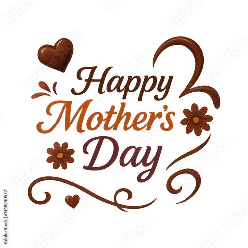 Elegant Happy Mother’s Day Chocolate-Themed Typography Design with Floral Accents, Heart Icons, and Swirling Decorative Elements on Dark Background for Sweet and Warm Holiday Greetings
