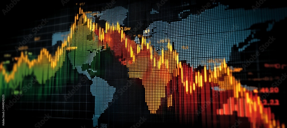Stock market crash crisis chart with world map. Finance statistic value trade data. Bankruptcy investment recession. Generative AI technology.