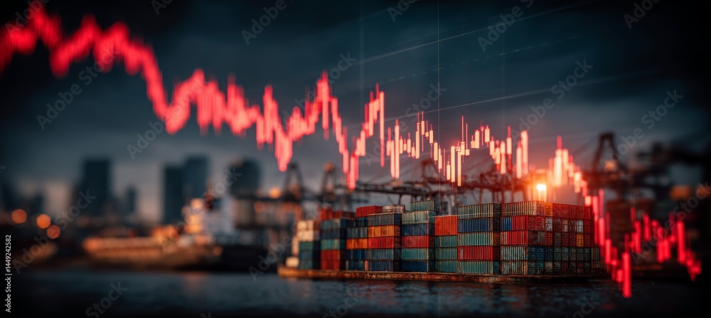 Market crash crisis with container port background. Finance statistic value trade data. Bankruptcy investment recession. Generative AI technology.