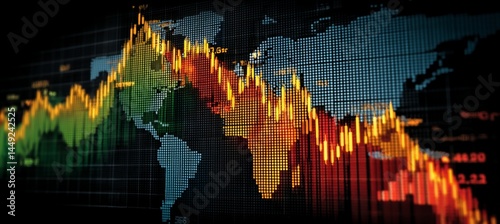Obraz na płótnie Stock market crash crisis chart with world map. Finance statistic value trade data. Bankruptcy investment recession. Generative AI technology.
w salonie