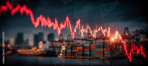 Obraz na płótnie Market crash crisis with container port background. Finance statistic value trade data. Bankruptcy investment recession. Generative AI technology.
w salonie