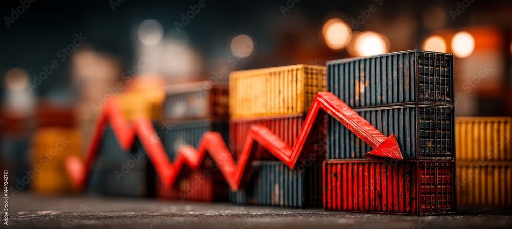 Stock market crash crisis chart with container cargo goods. Finance statistic value trade data. Bankruptcy investment recession. Generative AI technology.