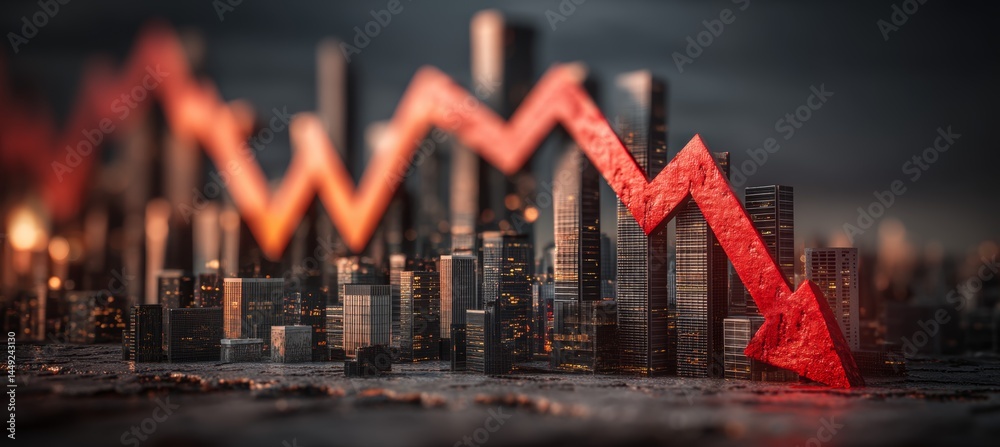 Stock market crash crisis chart with city background. Finance statistic value trade data. Bankruptcy investment recession. Generative AI technology.