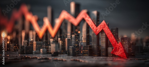 Obraz na płótnie Stock market crash crisis chart with city background. Finance statistic value trade data. Bankruptcy investment recession. Generative AI technology.
w salonie