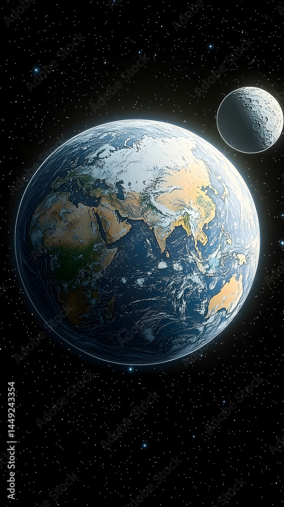Fototapeta premium Earth and Moon in the cosmos. Detailed image of Earth with visible continents, oceans and a moon in the background against a backdrop of stars