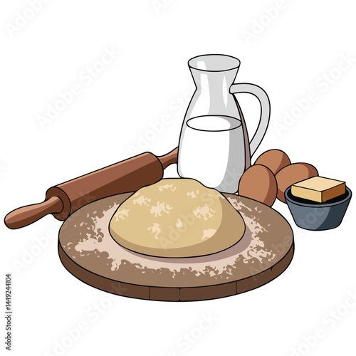 Dough on board with baking ingredients isolated vector illustration on white background