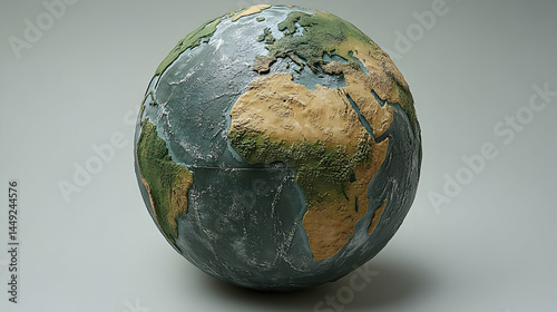 Earth-shaped object textured surface showing continents and oceans in muted greens browns and blues  A detailed rea