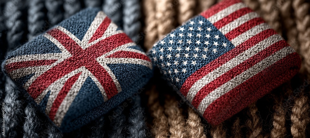 United Kingdom British and America flag on pillow. Trade economy war. Import export manufacture. Politic diplomacy agreement. Generative AI technology.