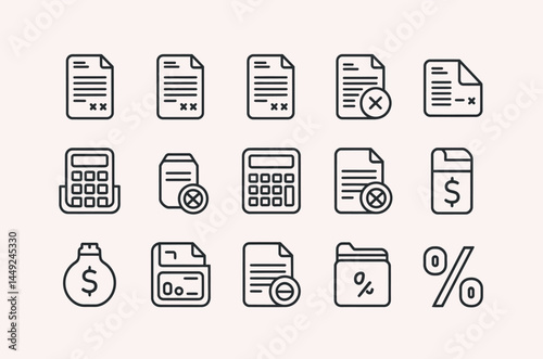 Collection of Simple Line Icons Representing Tax-Related Items