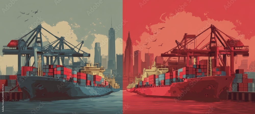 Container cargo ship on red versus blue side. Trade tariff economy war. Import export manufacture. Politic agreement. Generative AI technology.