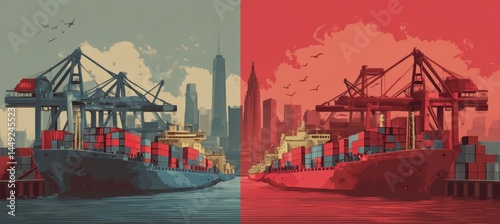 Obraz na płótnie Container cargo ship on red versus blue side. Trade tariff economy war. Import export manufacture. Politic agreement. Generative AI technology.
w salonie
