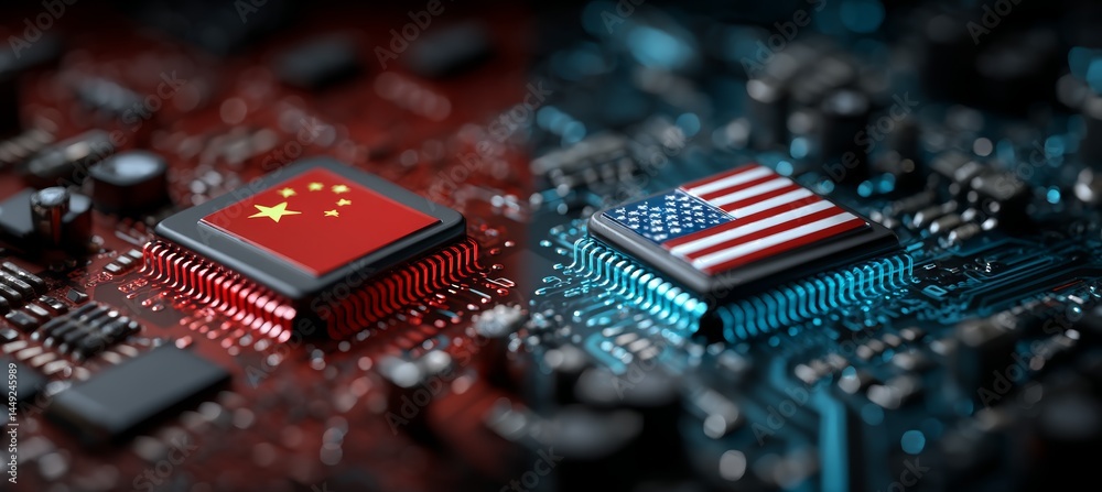 America and China flag on microchip semiconductor. Trade tech innovation war. Import export trading market. Generative AI technology.