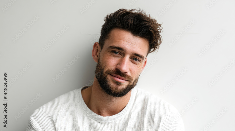 Handsome man with a stylish short haircut and beard, smiling subtly