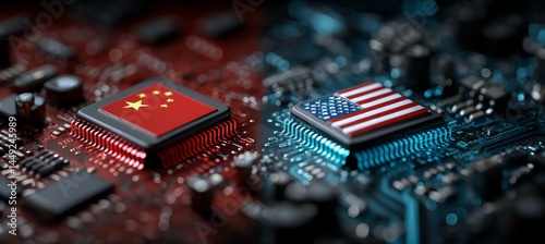 Obraz na płótnie America and China flag on microchip semiconductor. Trade tech innovation war. Import export trading market. Generative AI technology.
w salonie