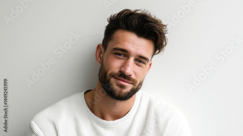 Obraz na płótnie Handsome man with a stylish short haircut and beard, smiling subtly w salonie