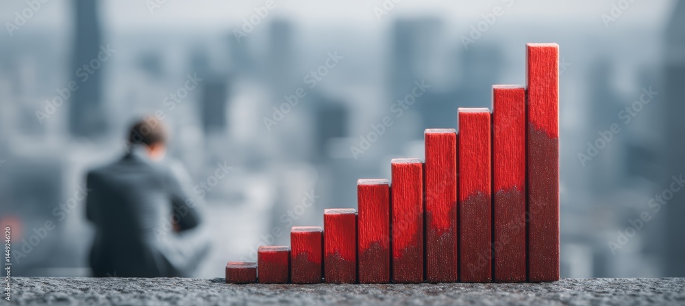 Red decrease graph chart and sad businessman. Finance statistic value trade data. Bankruptcy investment recession. Generative AI technology.