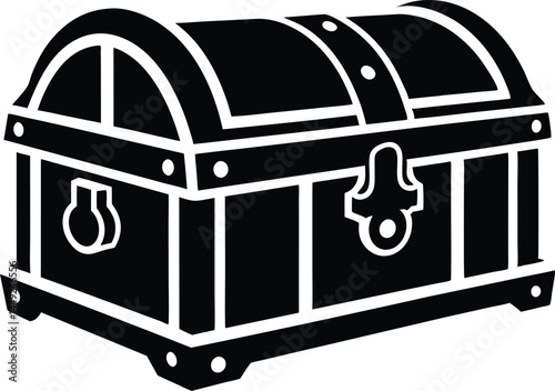 Wooden treasure chest silhouette vector, Treasure chest flat vector illustration, Wooden treasure icon